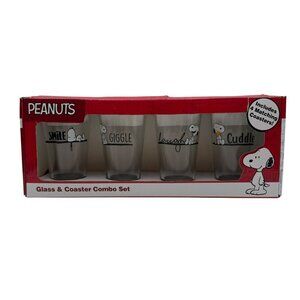 Peanuts Snoopy "Smile, Giggle, Laugh, Cuddle" 16oz Glass & Coaster Set
